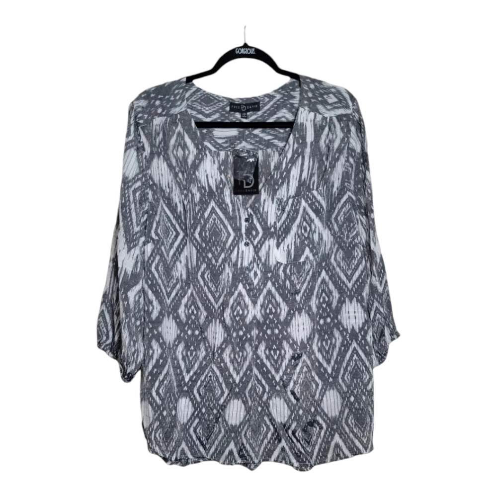 NWT Fred David 1X Blouse Tunic Gray White 3/4 Sleeve